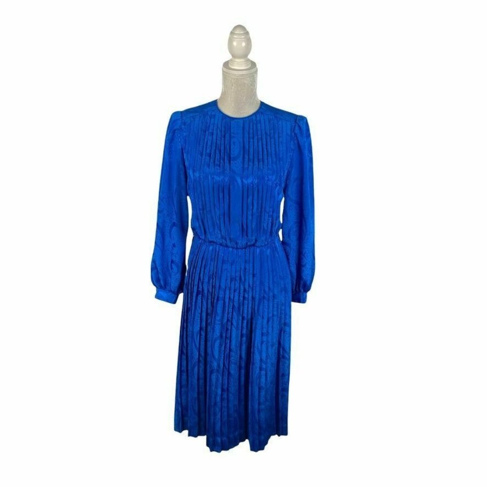 Henry‎ Lee Petites Blue Secretary Dress Midi Pleated Monochromatic Pattern 10P